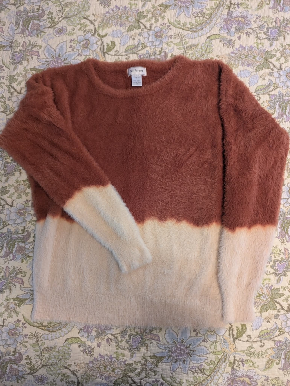 Plush Two-Tone Fuzzy Sweater - Rust & Cream